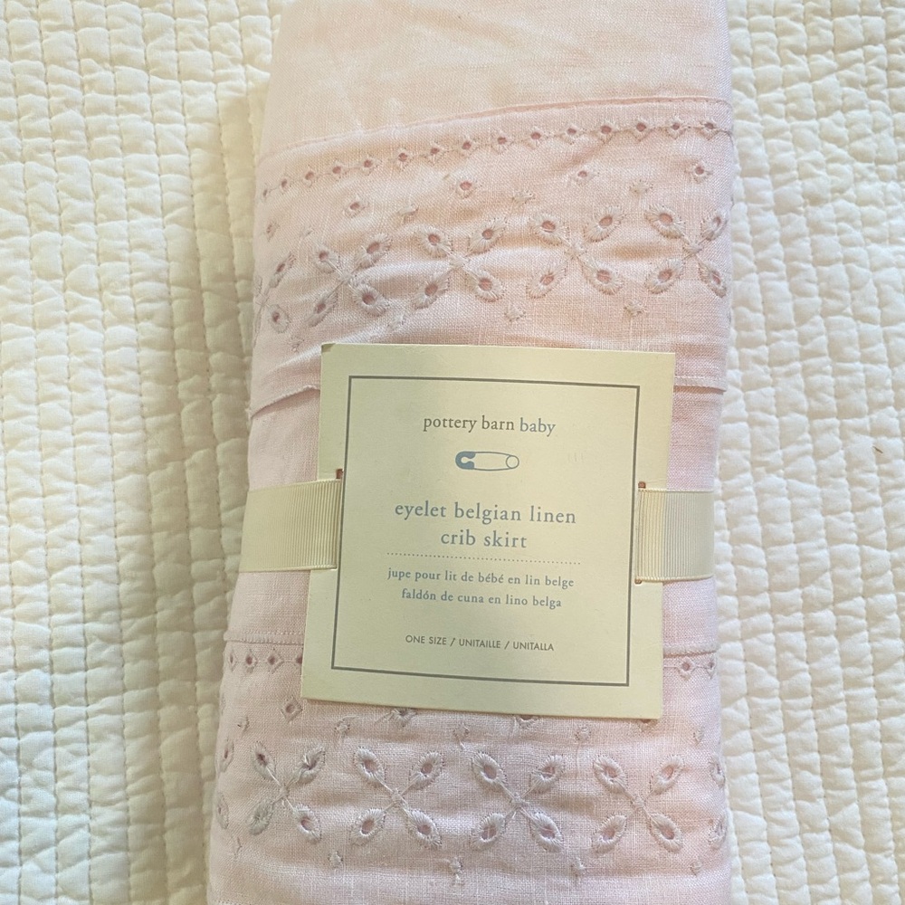 Pottery Barn Baby Pink Eyelet Linen Crib Skirt